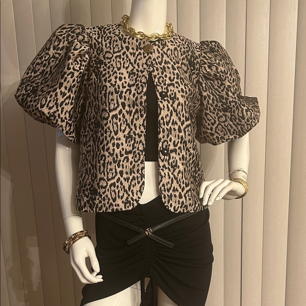 H&M Leopard Print Puff Sleeve Pea Coat - Picture 3 of 7